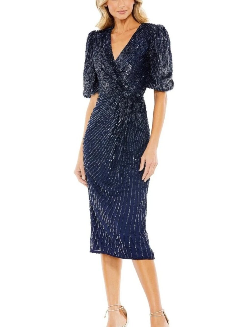 Mac Duggal Blue Sequin Embellished Puff Sleeve Cocktail Dress